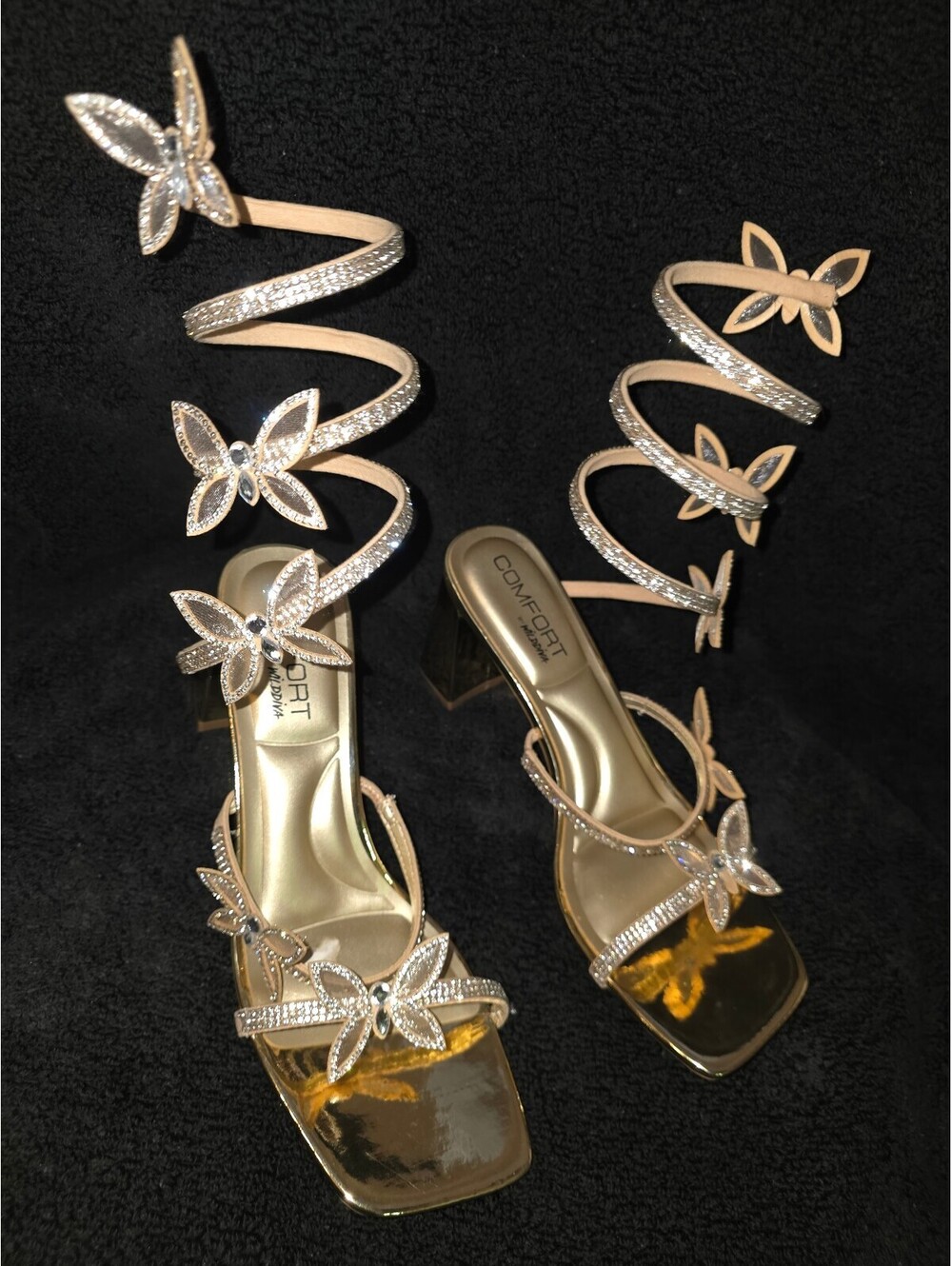 Comfort by Wild Diva Gold Butterfly Wrap Heels Women’s